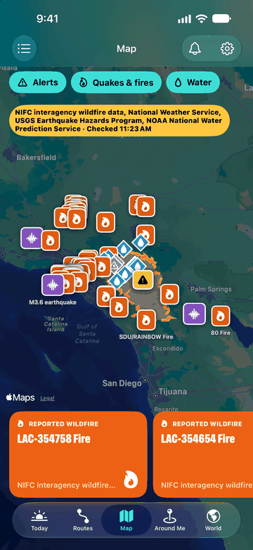 Herebeat Map around Riverside, California, with wildfire and earthquake markers, water gauges and filter chips for alerts, quakes and fires, and water.