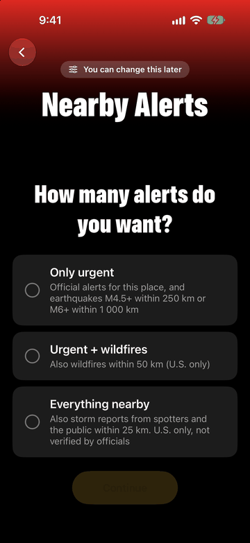 Nearby Alerts setting: choose Only urgent, Urgent plus wildfires, or Everything nearby.