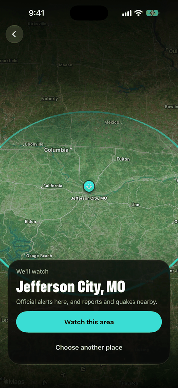Setup: Jefferson City, MO picked on the map, with the watch radius drawn around it and a Watch this area button.