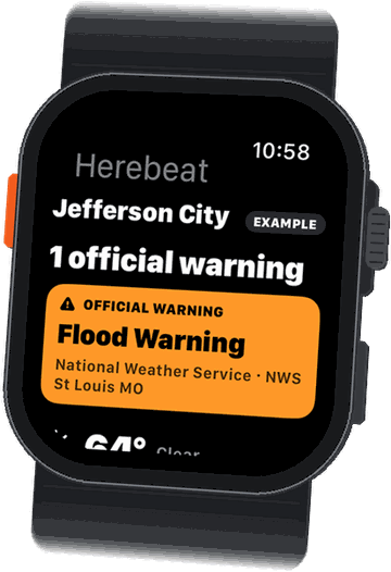 Herebeat on Apple Watch: Jefferson City, marked EXAMPLE, 1 official warning, a Flood Warning from NWS St Louis MO. Go to the Apple Watch section.