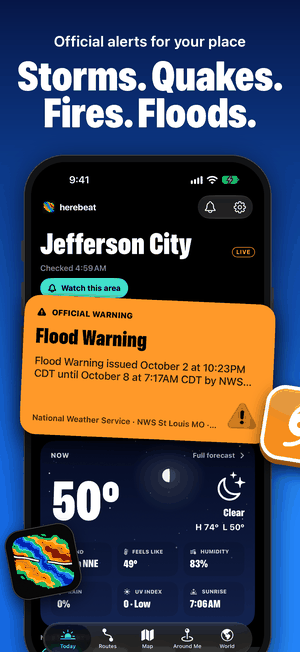 Storms. Quakes. Fires. Floods. Official alerts for your place: the Today screen for Jefferson City with a live Flood Warning from NWS St Louis MO lifted off the iPhone.
