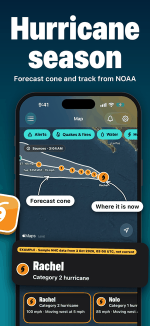 Hurricane season: forecast cone and track from NOAA for Hurricane Rachel on the map, labelled EXAMPLE, sample NHC data from 3 October 2026, not current.