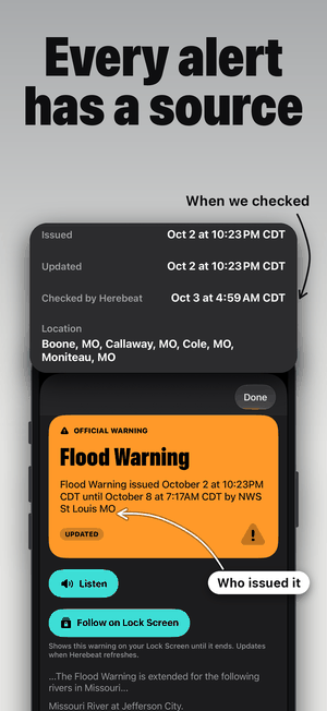 Every alert has a source: a Flood Warning from NWS St Louis MO with when it was issued, updated and checked by Herebeat, and who issued it.