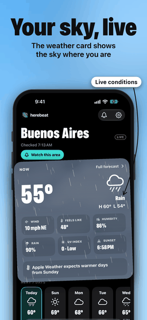 Your sky, live: the weather card shows the sky where you are, with live rain in Buenos Aires, 55 degrees.