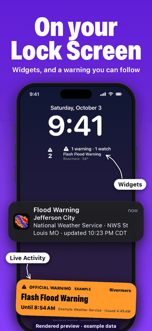On your Lock Screen: widgets, and a warning you can follow as a Live Activity, marked Rendered preview, example data.