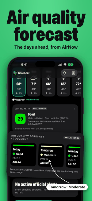 Air quality forecast, the days ahead from AirNow, for Columbus, Ohio: today Good, tomorrow Moderate, Monday Good, marked preliminary.
