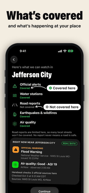 What’s covered and what’s happening at your place: covered and not covered sources for Jefferson City, and a real Flood Warning and air quality right now.