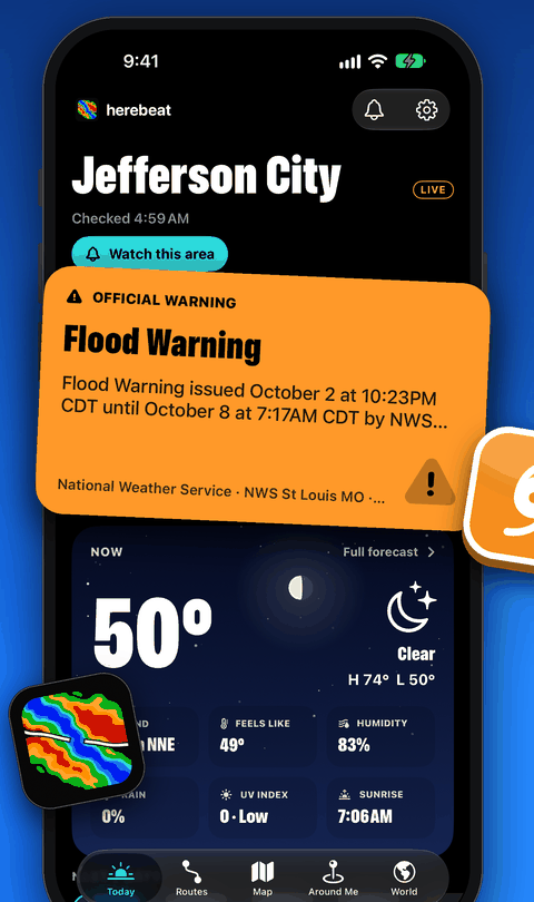 The Herebeat Today screen for Jefferson City, Missouri, checked 4:59 AM, with its Official warning card lifted off the iPhone: Flood Warning issued October 2 at 10:23 PM CDT until October 8 at 7:17 AM CDT by NWS St Louis MO, from the National Weather Service. Below, the weather card: 50 degrees and clear, high 74, low 50.