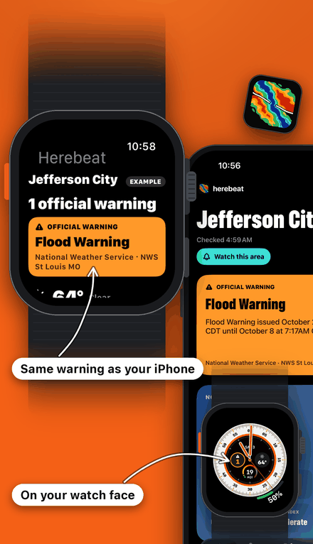 Herebeat on Apple Watch for Jefferson City, marked EXAMPLE: 1 official warning, a Flood Warning from the National Weather Service, NWS St Louis MO, next to the same warning on the iPhone, and a Wayfinder watch face with Herebeat complications. Callouts: Same warning as your iPhone, and On your watch face.