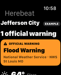 Herebeat on Apple Watch for Jefferson City, marked EXAMPLE: 1 official warning, a Flood Warning from the National Weather Service, NWS St Louis MO.