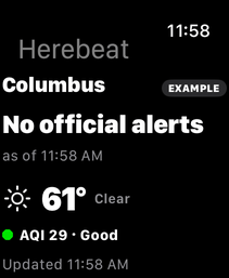 Herebeat on Apple Watch for Columbus, marked EXAMPLE: no official alerts, 61 degrees and clear, AQI 29 Good.