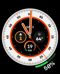 A Wayfinder watch face with Herebeat complications: 1 alert, 64 degrees and AQI 19.