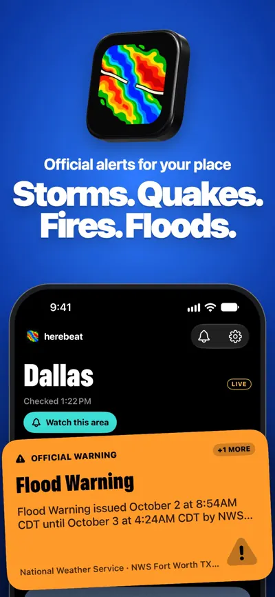 Last frame of the app preview: the Herebeat icon over the Today screen for Dallas.