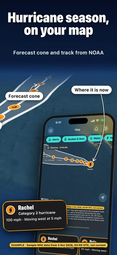 Hurricane season, on your map: forecast cone and track from NOAA, with sample NHC data labelled EXAMPLE.