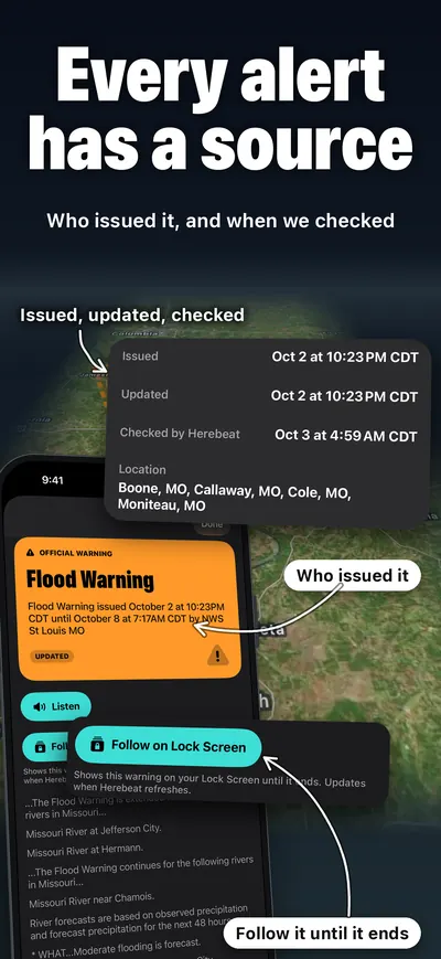 Every alert has a source: who issued it, when it was issued and updated, when Herebeat checked, and Follow on Lock Screen.