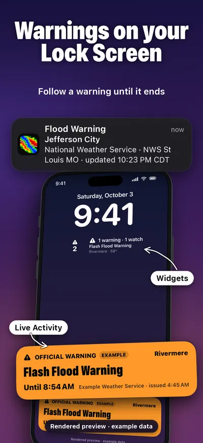 Warnings on your Lock Screen: a widget and a Live Activity, rendered preview with example data.