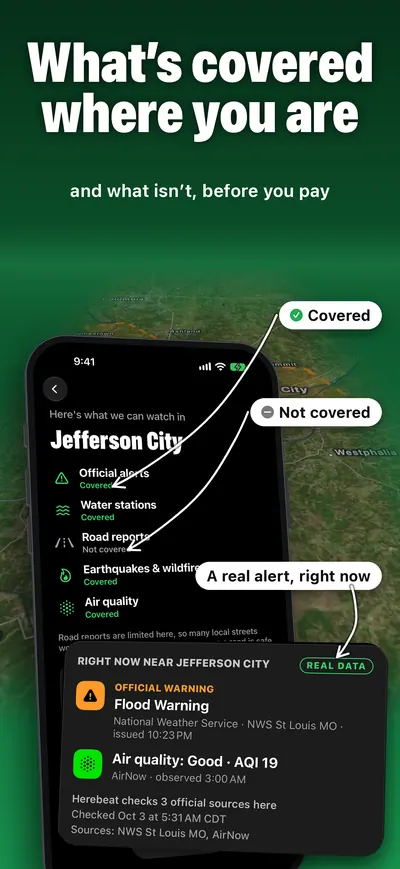What's covered where you are and what isn't, with a real Flood Warning and air quality right now near Jefferson City.