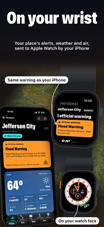 On your wrist: the Jefferson City Flood Warning on the iPhone and on Apple Watch, marked EXAMPLE on the watch, and Herebeat complications on a watch face.