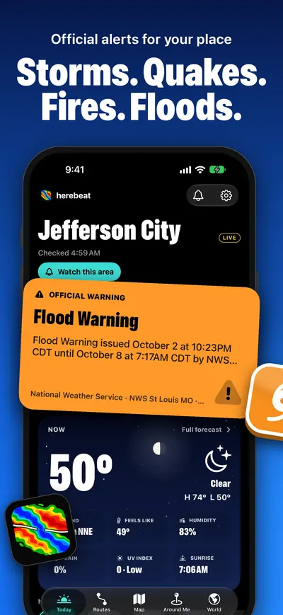 Storms. Quakes. Fires. Floods. Official alerts for your place: the Today screen for Jefferson City with a live NWS Flood Warning lifted off the iPhone.