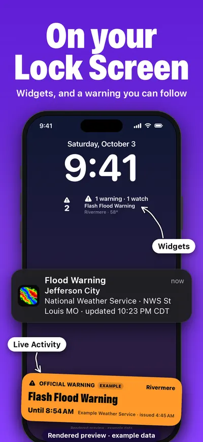 On your Lock Screen: widgets and a Live Activity, marked Rendered preview, example data.