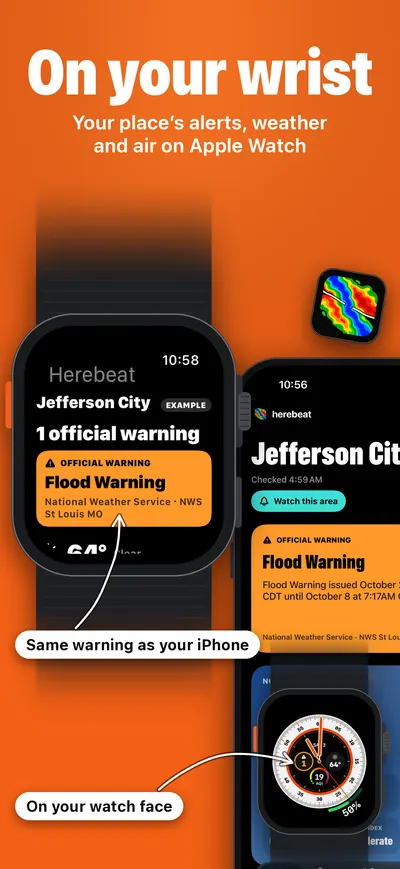 On your wrist: the Jefferson City Flood Warning on Apple Watch, marked EXAMPLE on the watch, next to the iPhone, and Herebeat complications on a watch face.