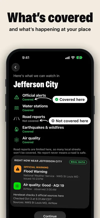 What's covered and what's happening at your place: covered and not covered for Jefferson City, with a real Flood Warning and air quality right now.
