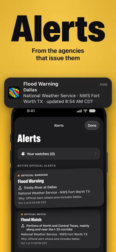 Alerts, from the agencies that issue them: a Flood Warning notification for Dallas over the Alerts list.