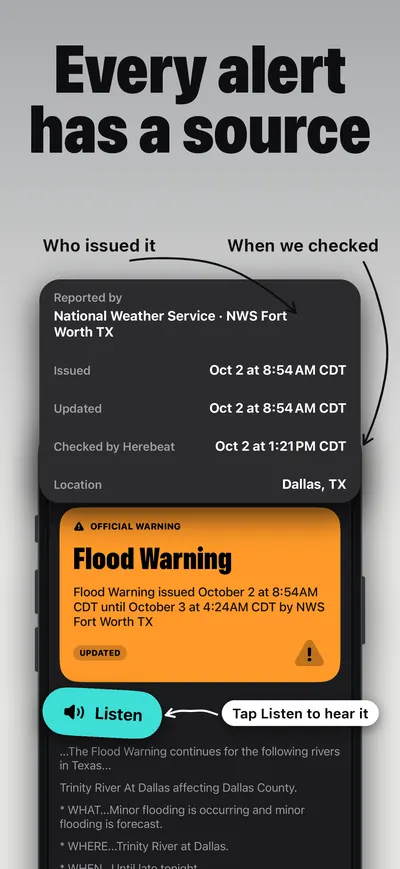 Every alert has a source: who issued it and when Herebeat checked, plus a Listen button to hear it read aloud.