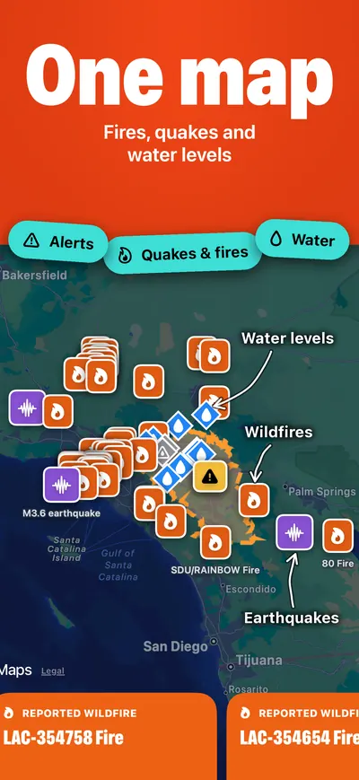 One map: fires, quakes and water levels around Riverside, CA.