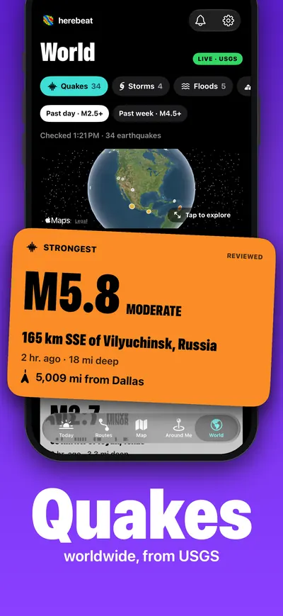 Quakes worldwide, from USGS: the World globe with an M5.8 earthquake near Vilyuchinsk, Russia.