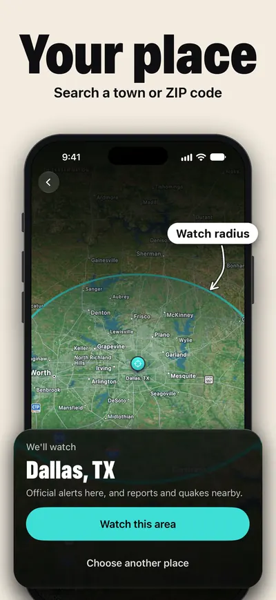 Your place: search a town or ZIP code, with the watch radius around Dallas, TX.