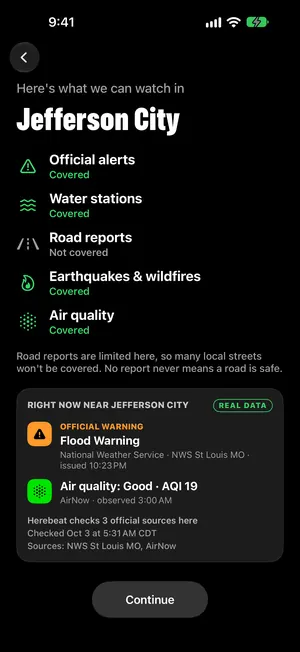 Herebeat 1.1 motion still: Right now near Jefferson City (onboarding).
