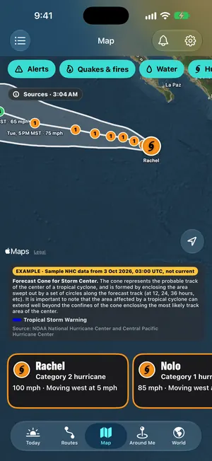 Herebeat 1.1 motion still: Hurricane cone and track (sample data, EXAMPLE).