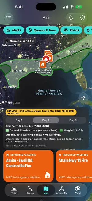 Herebeat 1.1 motion still: Severe outlook, day 2 (sample data, EXAMPLE).