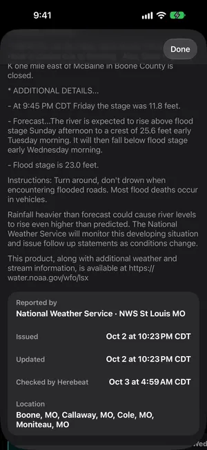 Herebeat 1.1 motion still: Flood Warning text, NWS St Louis.