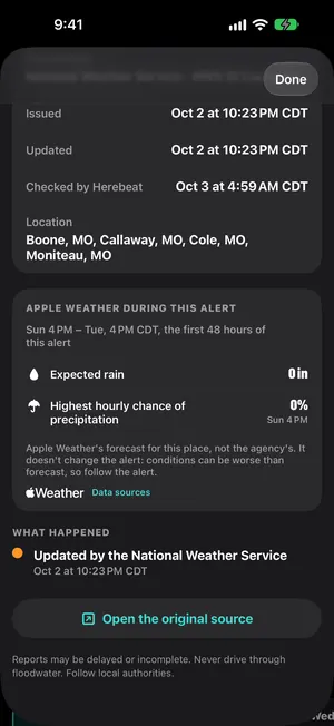 Herebeat 1.1 motion still: Source table and Apple Weather during the alert.